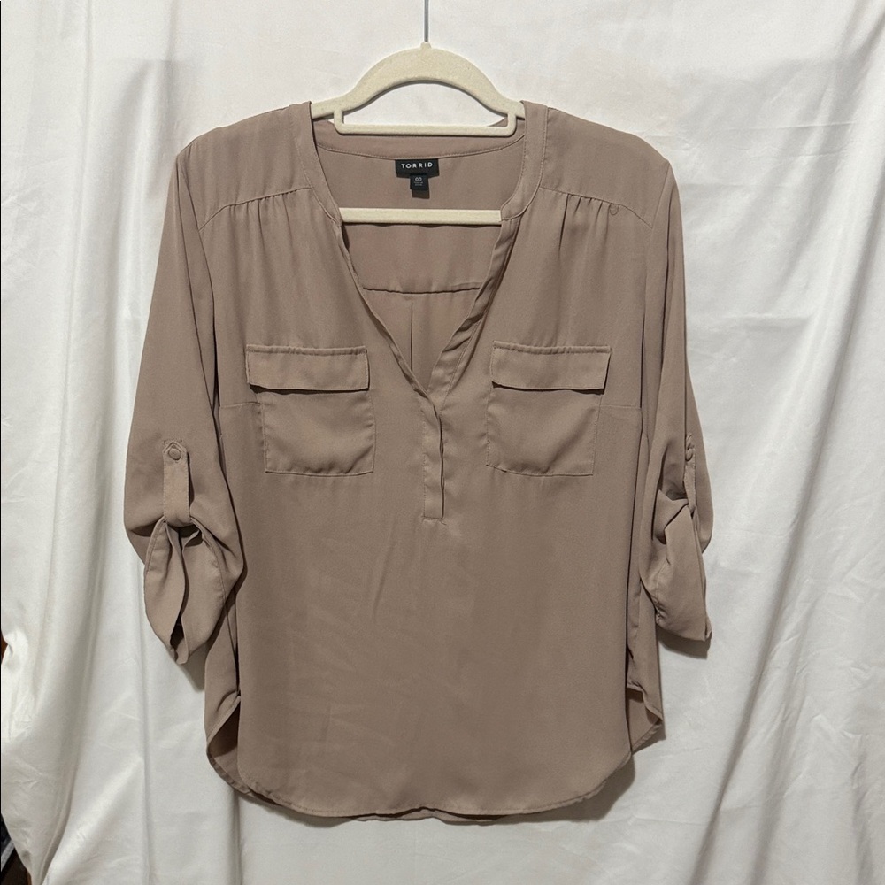 Torrid Taupe V-Neck Blouse with Roll-Tab Sleeves